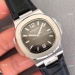 Swiss Quality Patek Philippe Nautilus Watch SS Gray Dial Black Leather Band